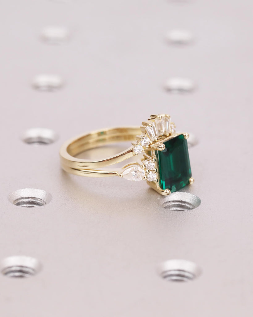 14K Solid Gold Emerald Engagement Ring Bridal Set | Art Deco Baguette Diamond Chevron Ring | Curved Tiara Wedding Band | Gift for Wife image #3