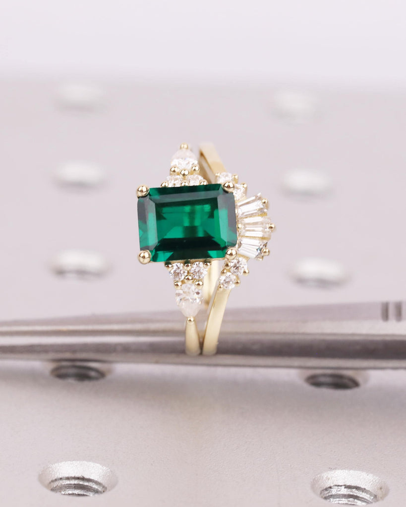 14K Solid Gold Emerald Engagement Ring Bridal Set | Art Deco Baguette Diamond Chevron Ring | Curved Tiara Wedding Band | Gift for Wife image #5