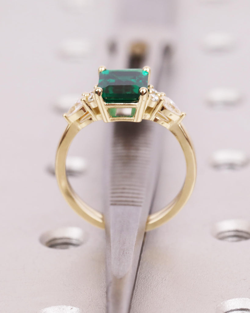 14K Gold Vintage Green Emerald Engagement Ring Set, Art Deco Baguette Moissanite Curved Tiara Wedding Band, May Birthstone, Promise Ring Set image #10