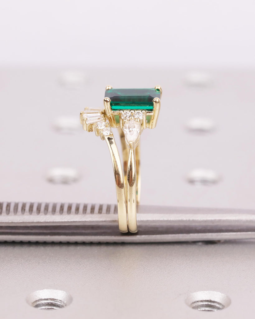14K Solid Gold Emerald Engagement Ring Bridal Set | Art Deco Baguette Diamond Chevron Ring | Curved Tiara Wedding Band | Gift for Wife image #7