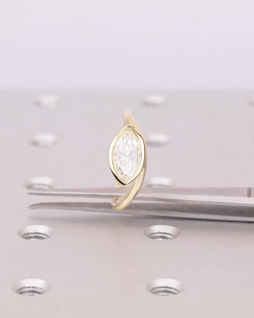 Modern Solitaire Engagement Ring, Lab Created Diamond Bezel Ring, East West Setting, Marquise Cut 14k Yellow Gold Promise Rings for Women image #12