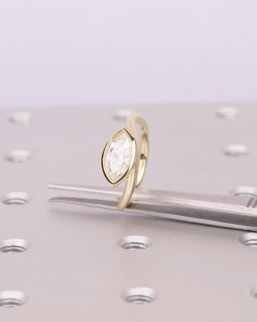 Modern Solitaire Engagement Ring, Lab Created Diamond Bezel Ring, East West Setting, Marquise Cut 14k Yellow Gold Promise Rings for Women image #16