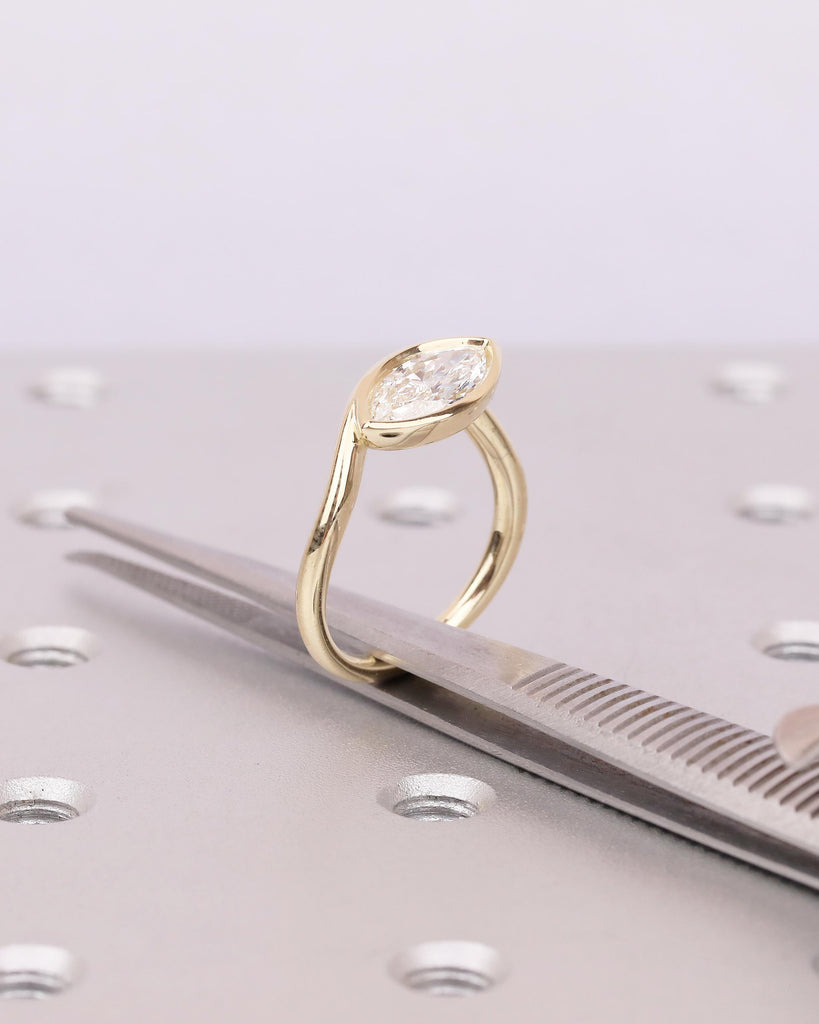 Bezel Set Marquise Moissanite Engagement Ring, East West 14k Solid Gold Wedding Ring image #10