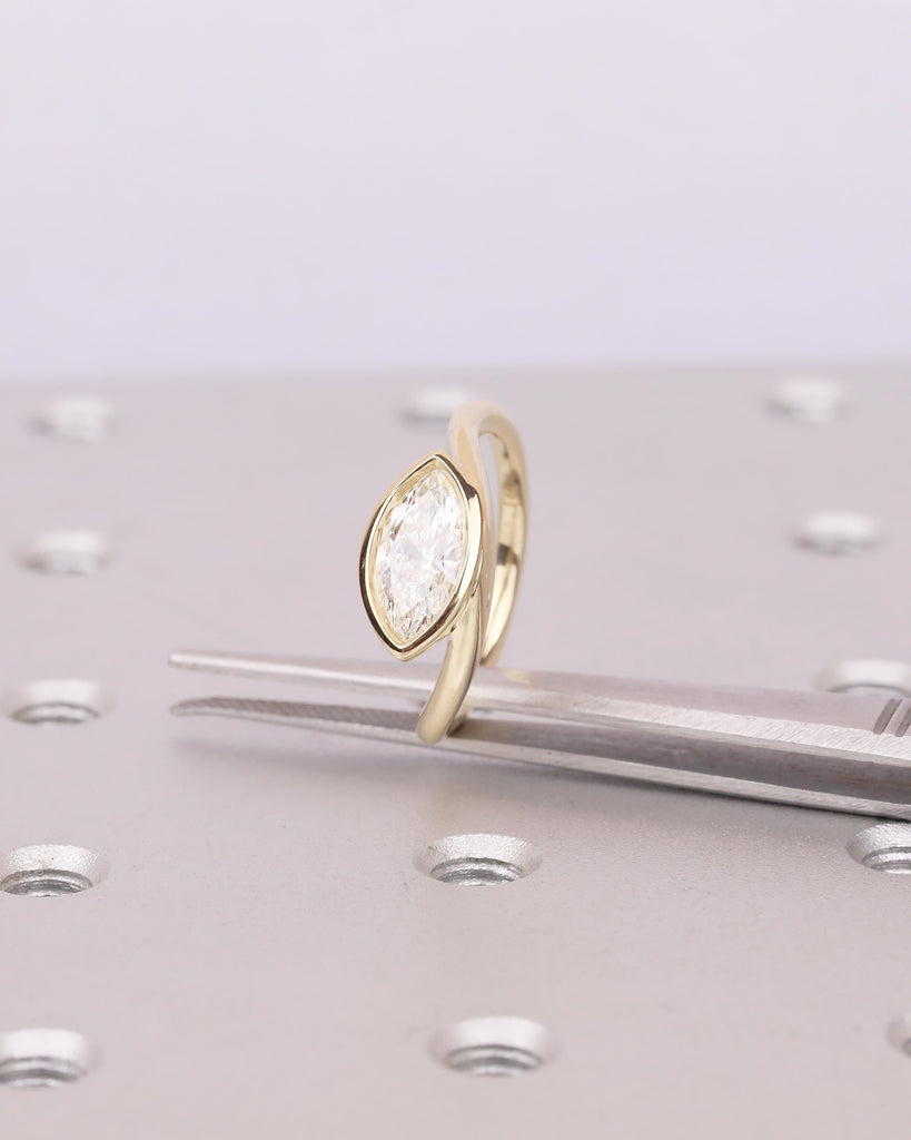 Bezel Set Marquise Moissanite Engagement Ring, East West 14k Solid Gold Wedding Ring image #15