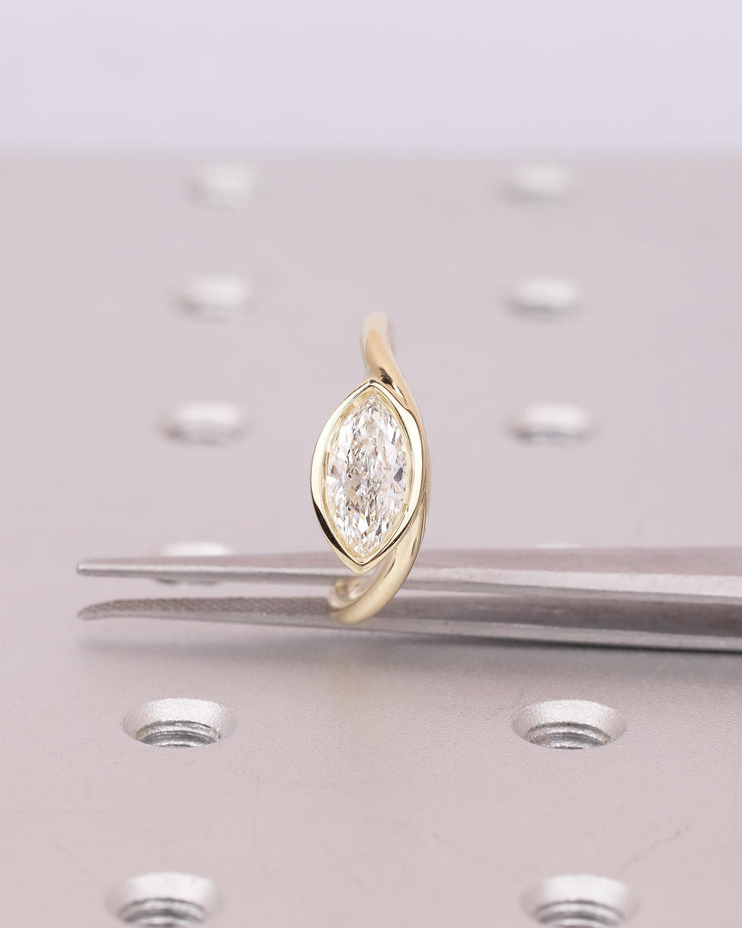Bezel Set Marquise Moissanite Engagement Ring, East West 14k Solid Gold Wedding Ring image #4