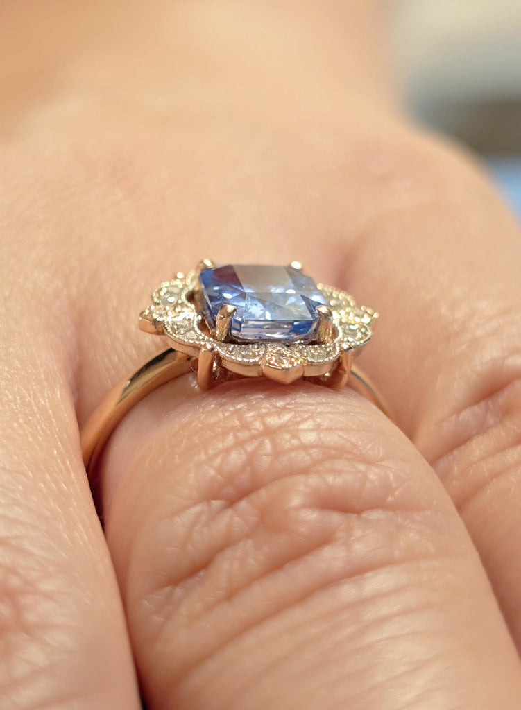 Vintage Art Deco Engagement Ring, Light Blue Ceylon Sapphire, Emerald Cut Sapphire Ring, Milgrain Diamond Halo, Two Tone Heirloom Ring image #11