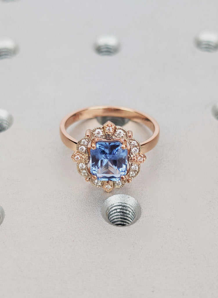 Emerald Cut Ceylon Sapphire Engagement Ring, Art Deco Diamond Halo Ring, Two Tone Vintage Ring, Light Blue Sapphire Heirloom Ring for Her image #2