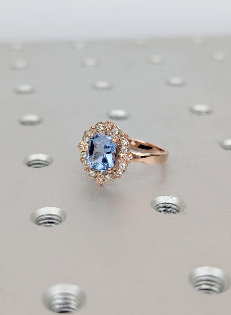 Vintage Art Deco Engagement Ring, Light Blue Ceylon Sapphire, Emerald Cut Sapphire Ring, Milgrain Diamond Halo, Two Tone Heirloom Ring image #2
