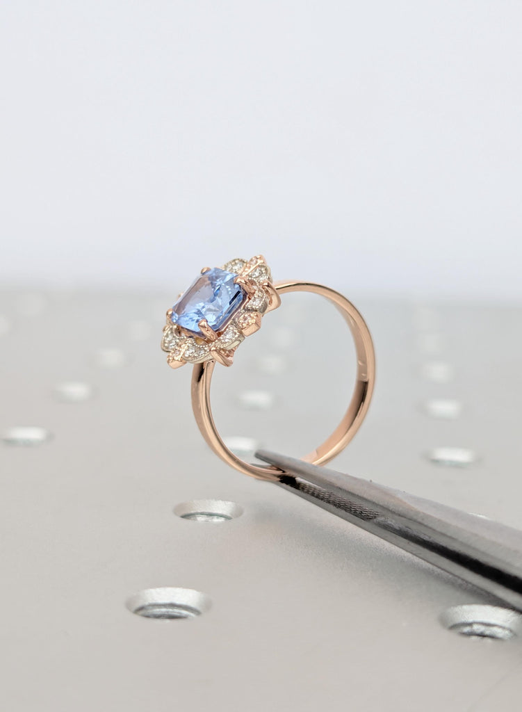 Emerald Cut Ceylon Sapphire Engagement Ring, Art Deco Diamond Halo Ring, Two Tone Vintage Ring, Light Blue Sapphire Heirloom Ring for Her image #9