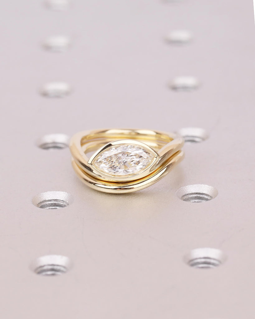 Bezel Set Moissanite Engagement Ring, 14k Gold Marquise Cut Ring, East West Bridal Jewelry image #9