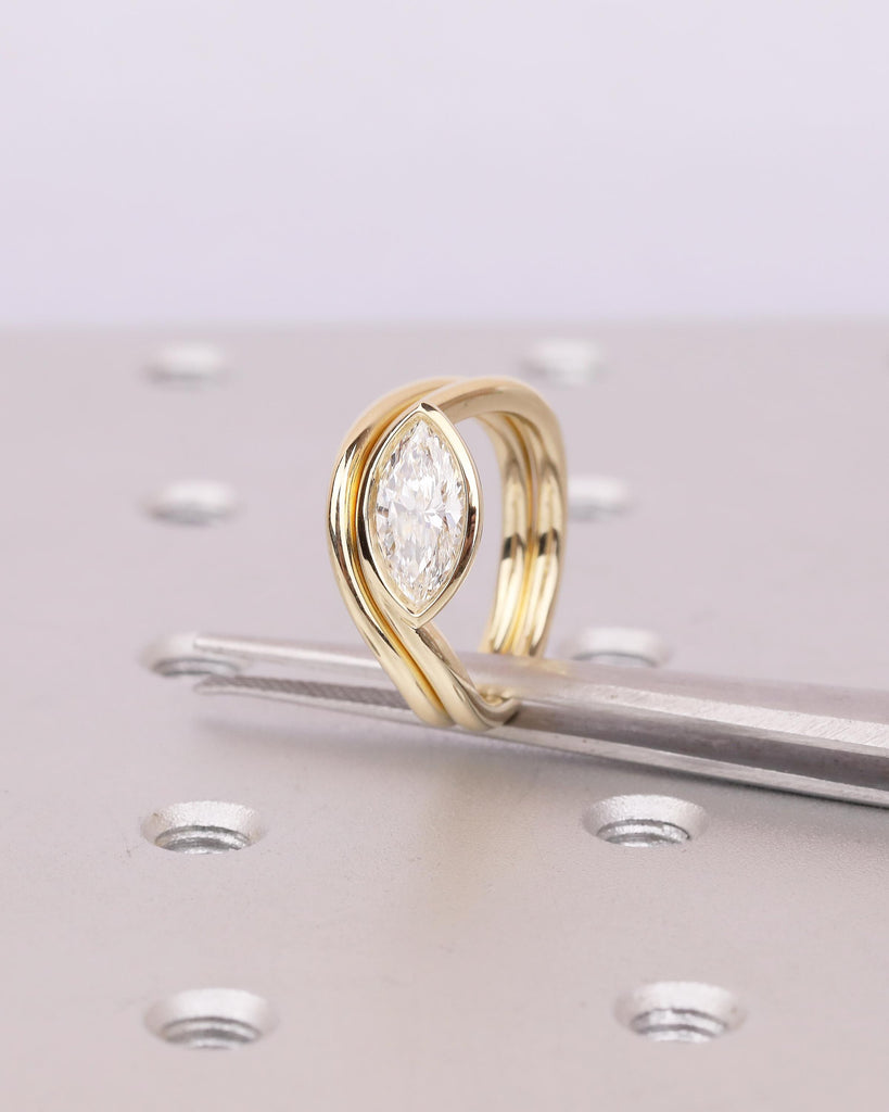 Marquise Cut Moissanite Ring Set, Solitaire 14k Solid Gold Engagement Ring, Unique East West Bezel Setting, Curved Stackable Rings for Women image #8
