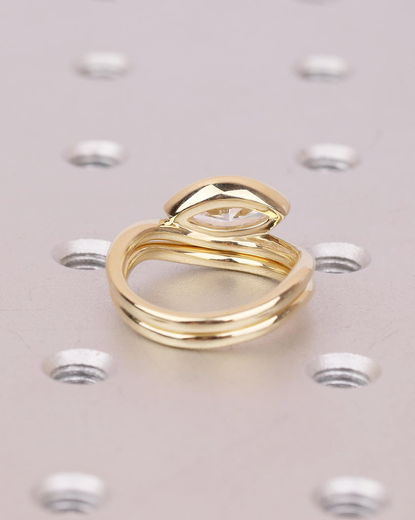 Marquise Cut Moissanite Ring Set, Solitaire 14k Solid Gold Engagement Ring, Unique East West Bezel Setting, Curved Stackable Rings for Women image #6