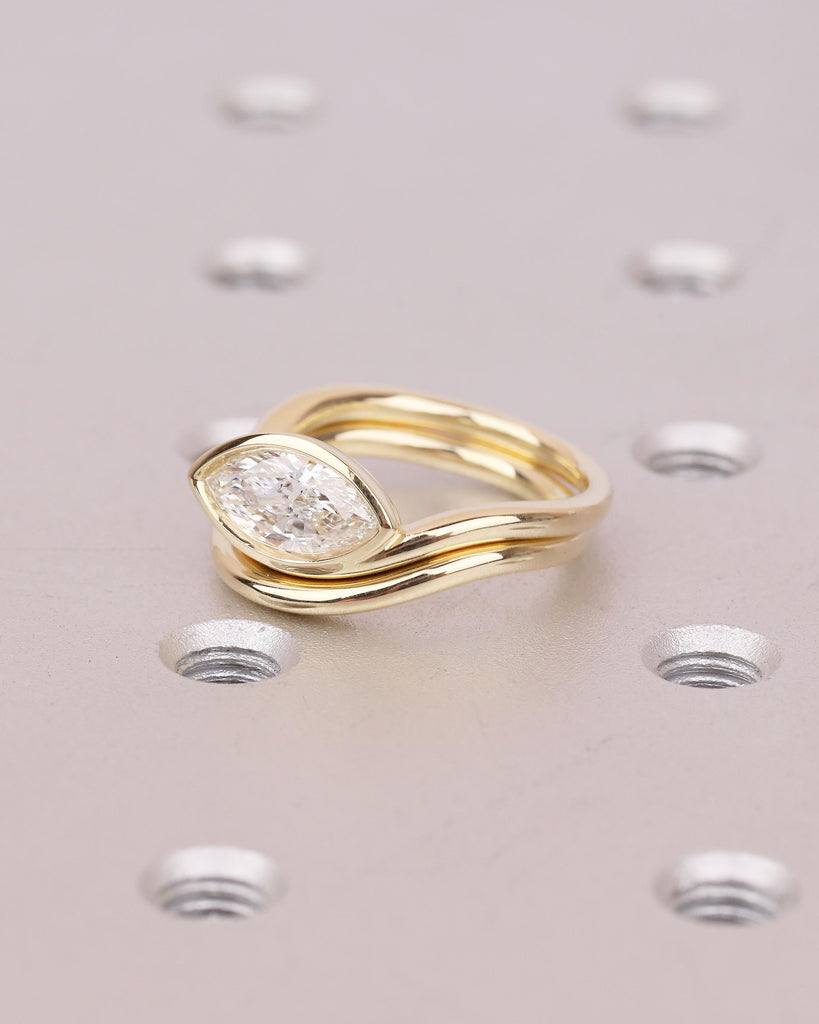 Marquise Cut Moissanite Ring Set, Solitaire 14k Solid Gold Engagement Ring, Unique East West Bezel Setting, Curved Stackable Rings for Women image #2