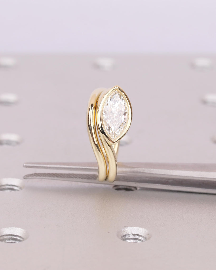 14k Yellow Gold Wedding Ring Set, East West Marquise Lab Diamond Engagement Ring image #18