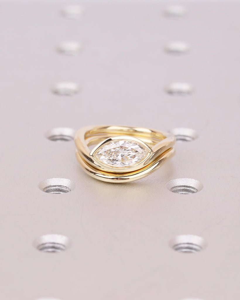 14k Yellow Gold Wedding Ring Set, East West Marquise Lab Diamond Engagement Ring image #14