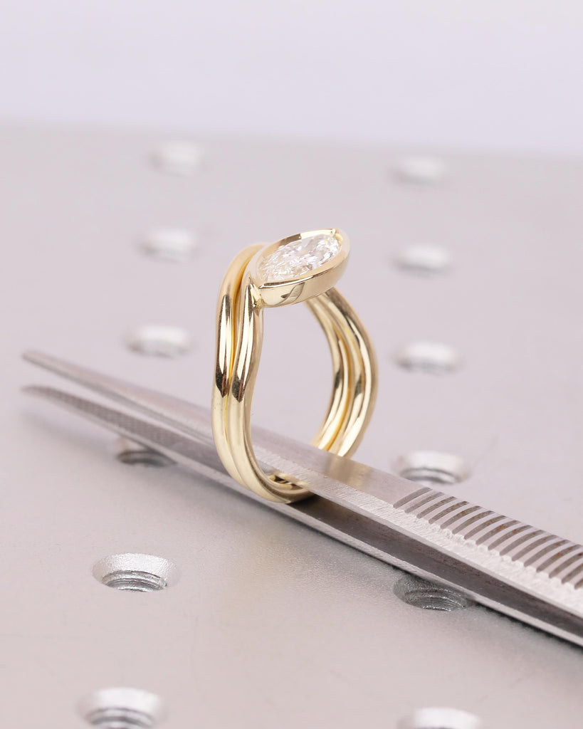 14k Yellow Gold Wedding Ring Set, East West Marquise Lab Diamond Engagement Ring image #12