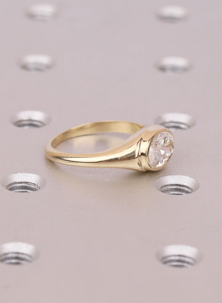 Oval Lab Diamond Ring: 1 Carat 14K Yellow Gold East West Half Bezel Set Engagement Ring image #7