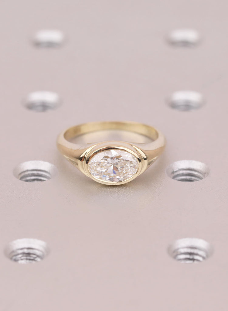 Oval Lab Diamond Ring: 1 Carat 14K Yellow Gold East West Half Bezel Set Engagement Ring image #4
