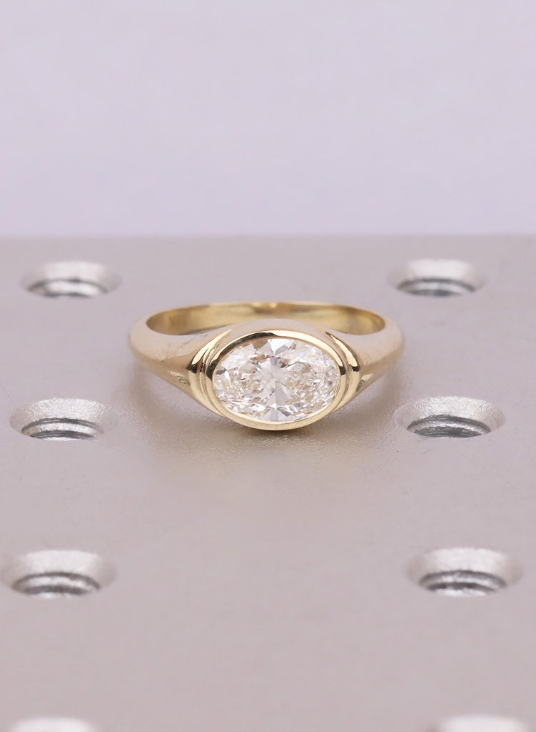 Half Bezel Set East-West Oval Moissanite Ring: , 14K Yellow Gold, Modern Signet Style image #4