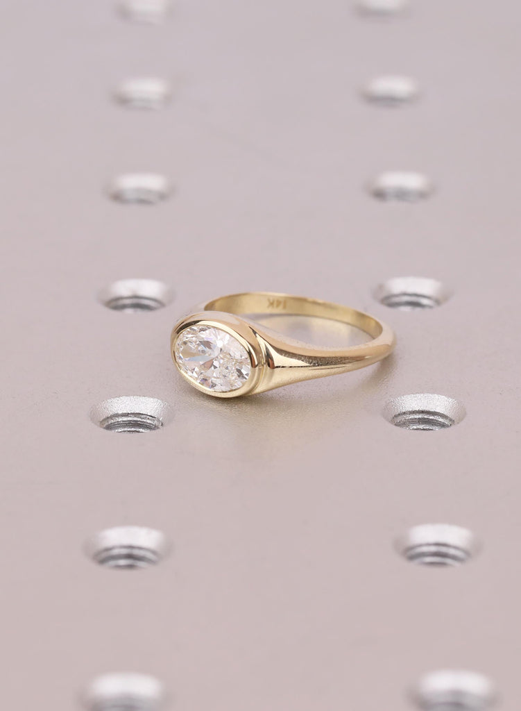 East West Oval Moissanite Engagement Ring: Moissanite Solitaire Ring, Half Bezel Set Pinky  Ring, Promise Ring, Unique Ring For Wedding Gift image #9