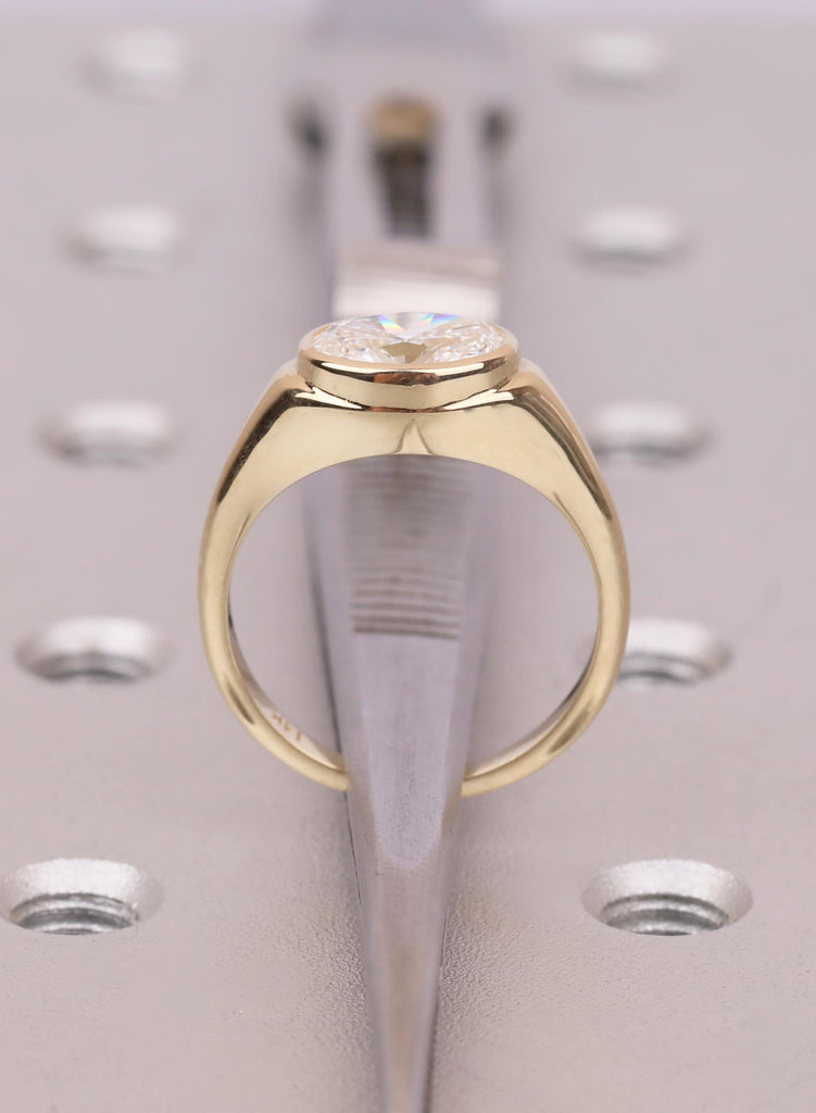 Half Bezel Set East-West Oval Moissanite Ring: , 14K Yellow Gold, Modern Signet Style image #13