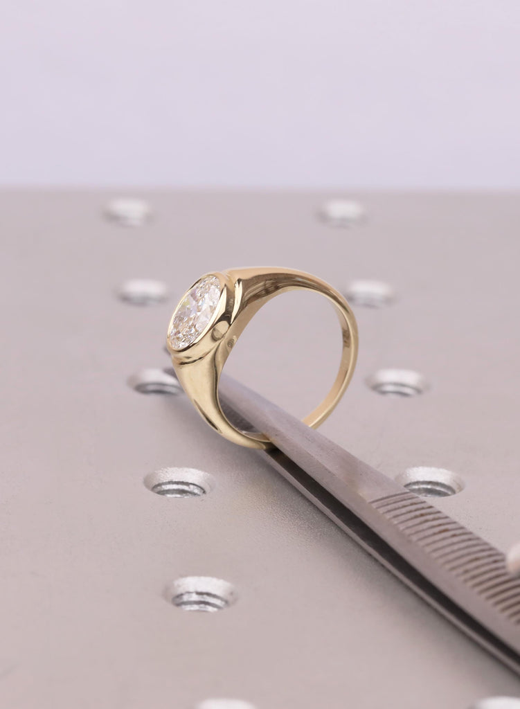 Half Bezel Set East-West Oval Moissanite Ring: , 14K Yellow Gold, Modern Signet Style image #11