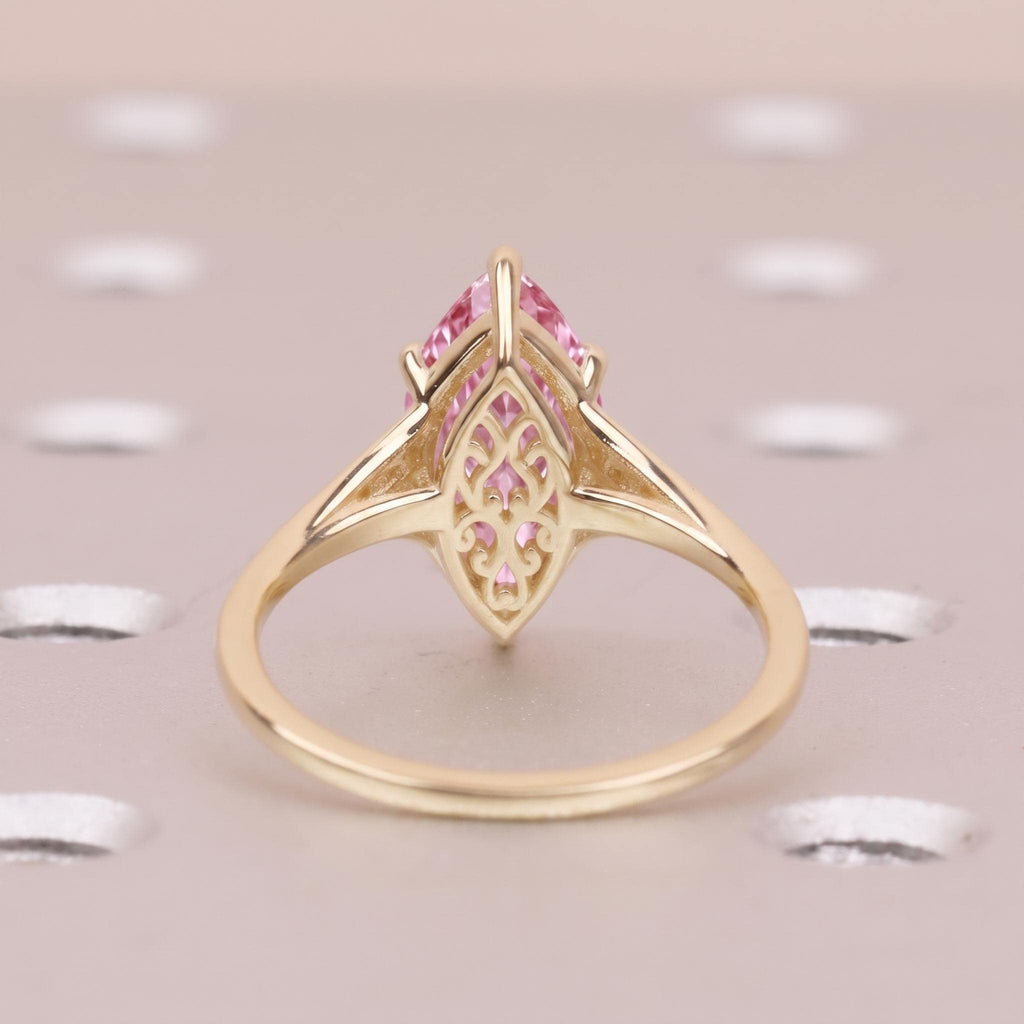 14k Yellow Gold Diamond Solitaire Ring | Marquise Pink Gemstone Ring | Vintage Jewelry Gift for Her image #3