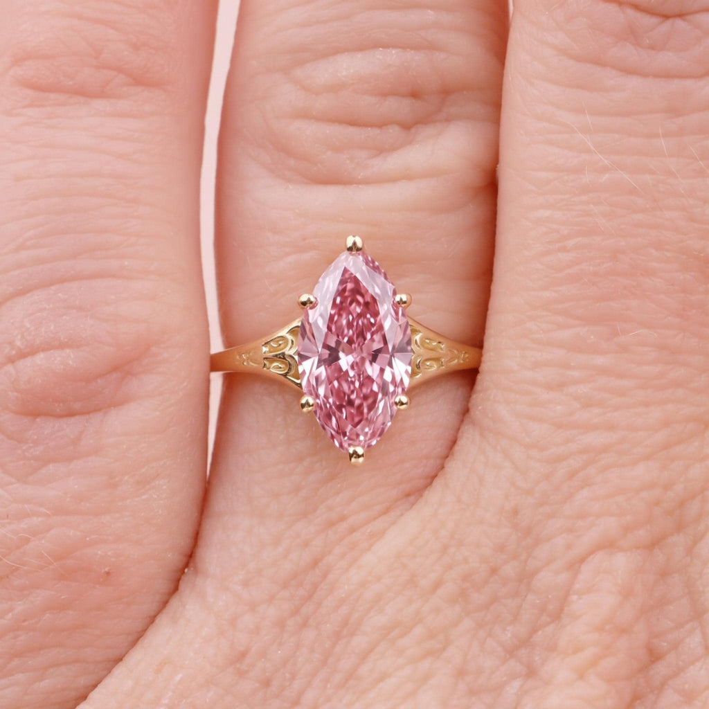 14k Yellow Gold Diamond Solitaire Ring | Marquise Pink Gemstone Ring | Vintage Jewelry Gift for Her image #2