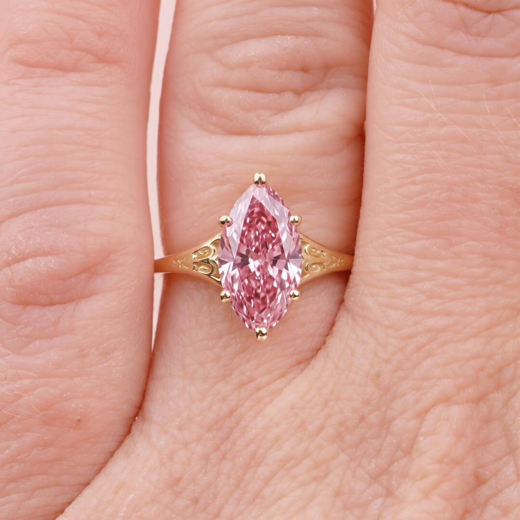 Pink Lab Diamond Custom Engagement Ring | Marquise Cut Victorian Filigree Ring | Gold Heirloom Proposal Ring | Wedding Anniversary Gift image #1