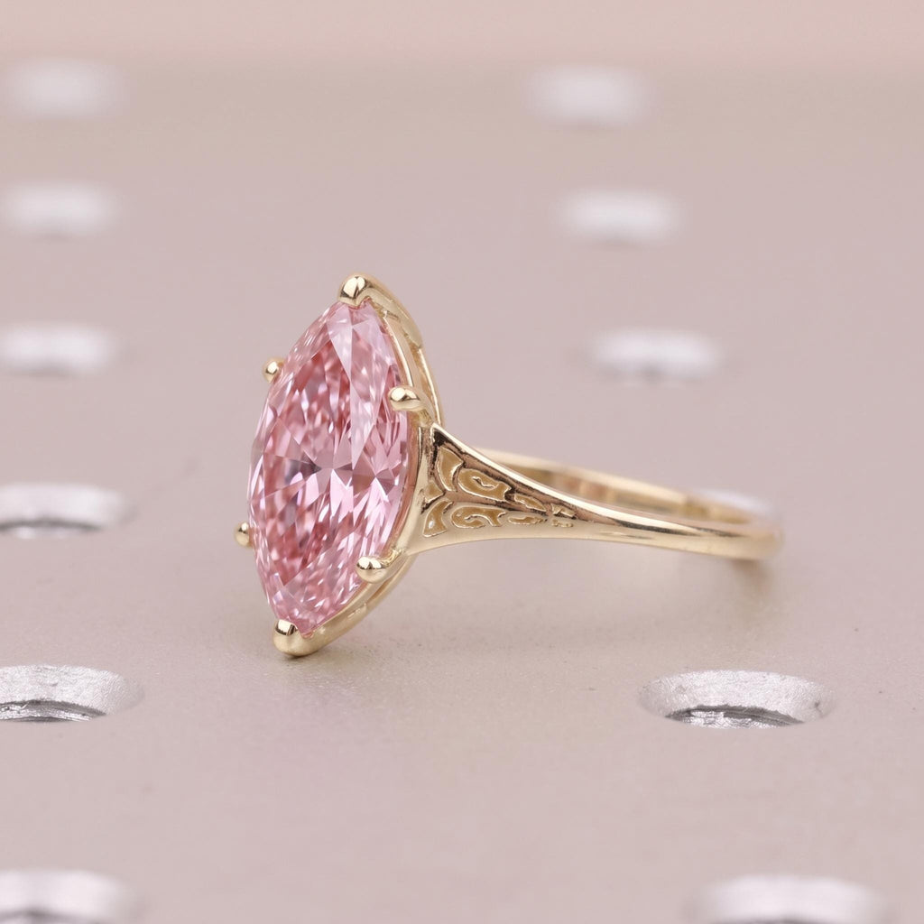14k Yellow Gold Diamond Solitaire Ring | Marquise Pink Gemstone Ring | Vintage Jewelry Gift for Her image #1