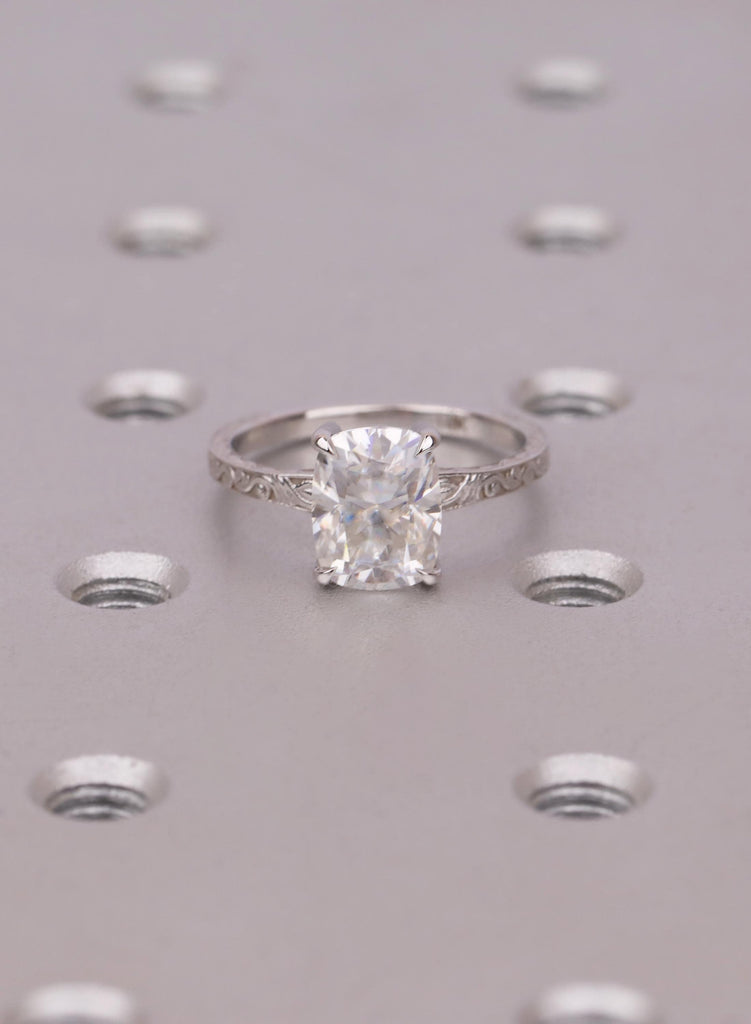 Elongated Cushion Cut Moissanite Solitaire Vintage Inspired Engagement Ring | 14K White Gold Filigree Engraving Wedding Band | Gift for Her image #3