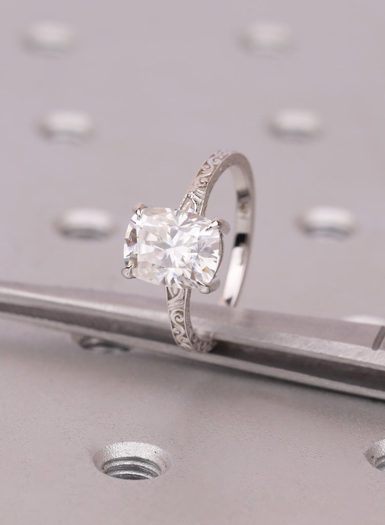 Elongated Cushion Cut Moissanite Solitaire Vintage Inspired Engagement Ring | 14K White Gold Filigree Engraving Wedding Band | Gift for Her image #8