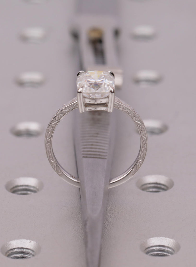 Elongated Cushion Cut Moissanite Solitaire Vintage Inspired Engagement Ring | 14K White Gold Filigree Engraving Wedding Band | Gift for Her image #10