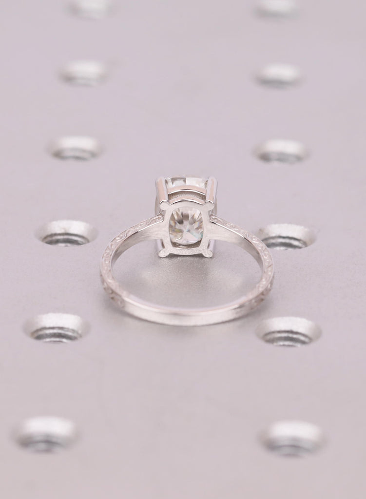 Elongated Cushion Cut Lab Diamond Ring, 14K White Gold Filigree Band, Vintage Engagement Ring image #7
