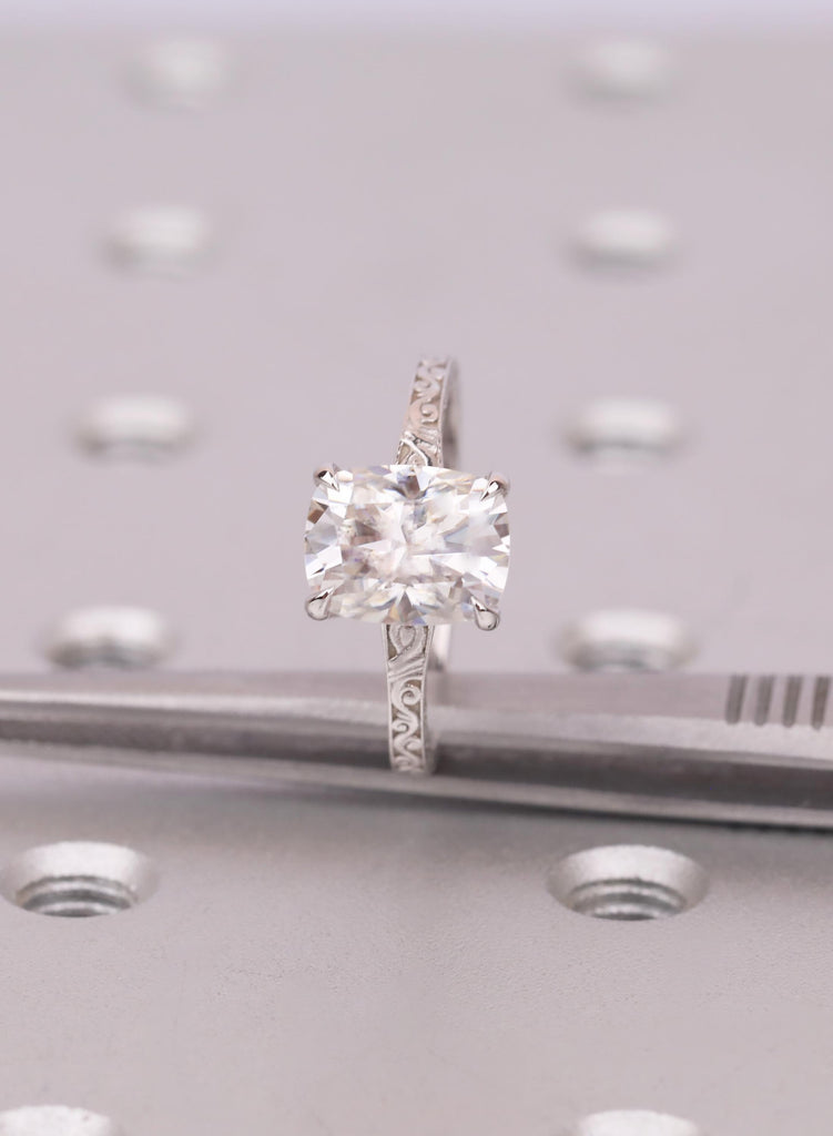 Solitaire Cushion cut Lab Diamond Ring, Antique 14K Solid White Gold Engagement Ring Handmade Carved Filigree Band, Wedding Anniversary Ring image #9