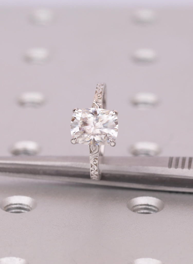 Elongated Cushion Cut Lab Diamond Ring, 14K White Gold Filigree Band, Vintage Engagement Ring image #9