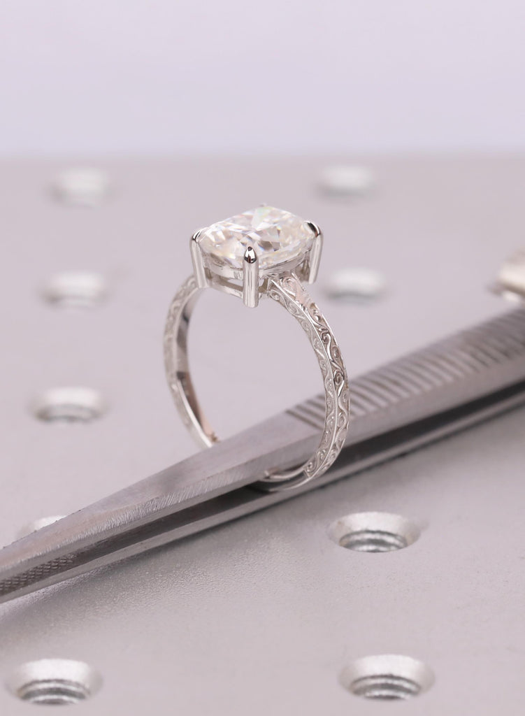 Solitaire Cushion cut Lab Diamond Ring, Antique 14K Solid White Gold Engagement Ring Handmade Carved Filigree Band, Wedding Anniversary Ring image #11
