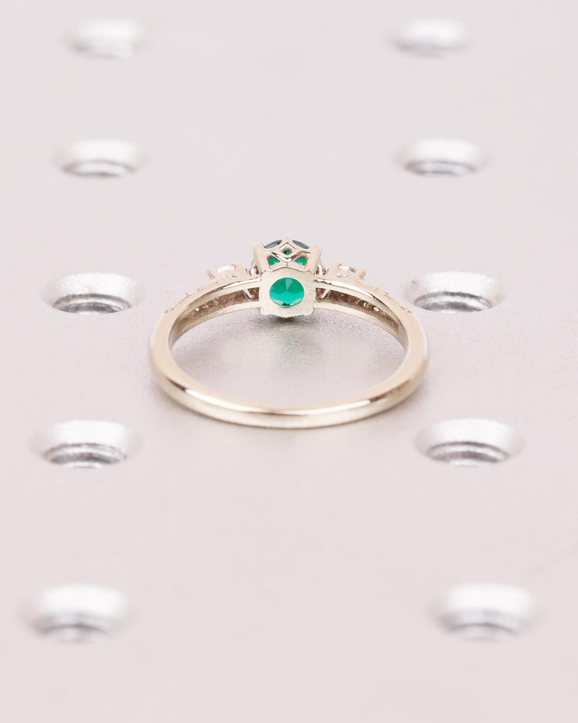 Nature Inspired Emerald Engagement Ring | 14k White Gold Emerald and Diamond Ring | Gothic Claw Prongs | Unique Custom Engraved Wedding Ring image #10