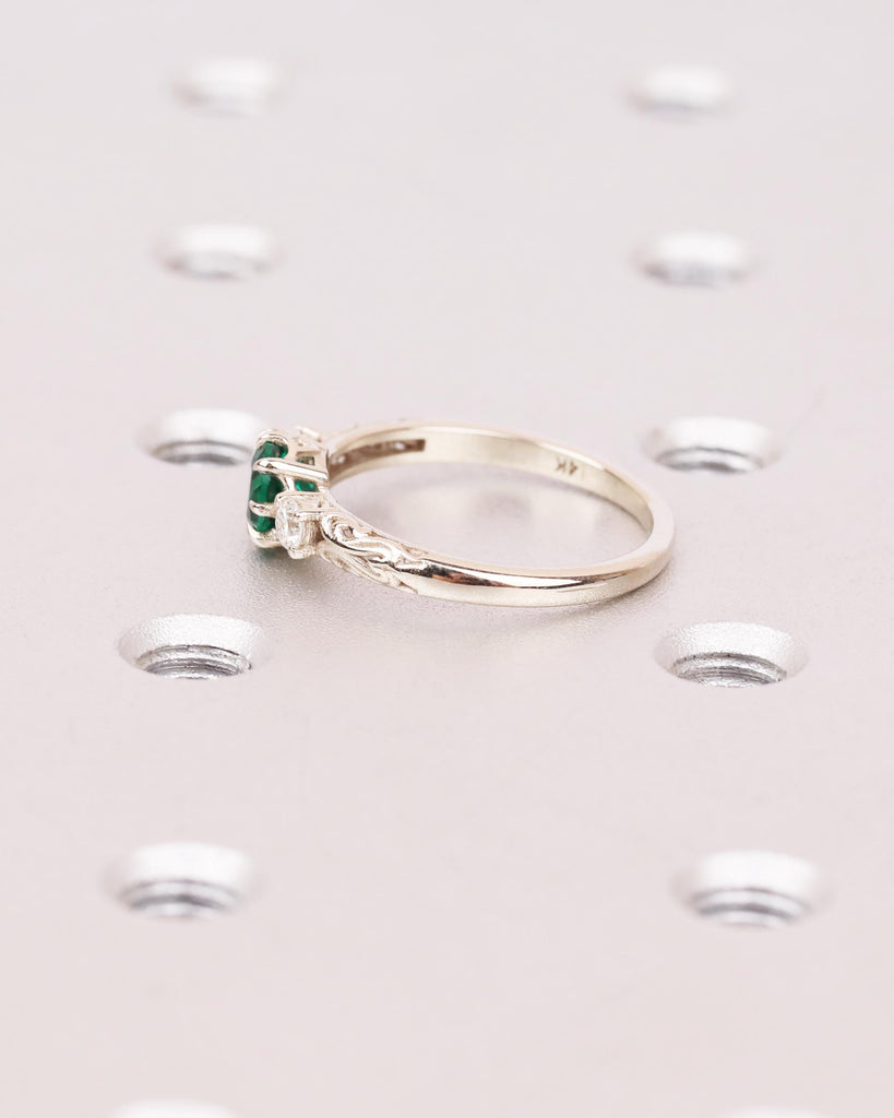 Nature Inspired Emerald Engagement Ring | 14k White Gold Emerald and Diamond Ring | Gothic Claw Prongs | Unique Custom Engraved Wedding Ring image #5