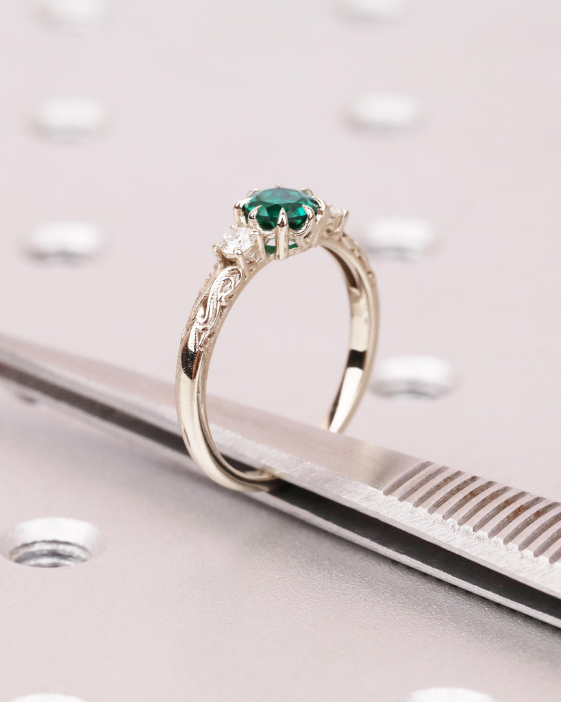 Nature Inspired Emerald Engagement Ring | 14k White Gold Emerald and Diamond Ring | Gothic Claw Prongs | Unique Custom Engraved Wedding Ring image #9
