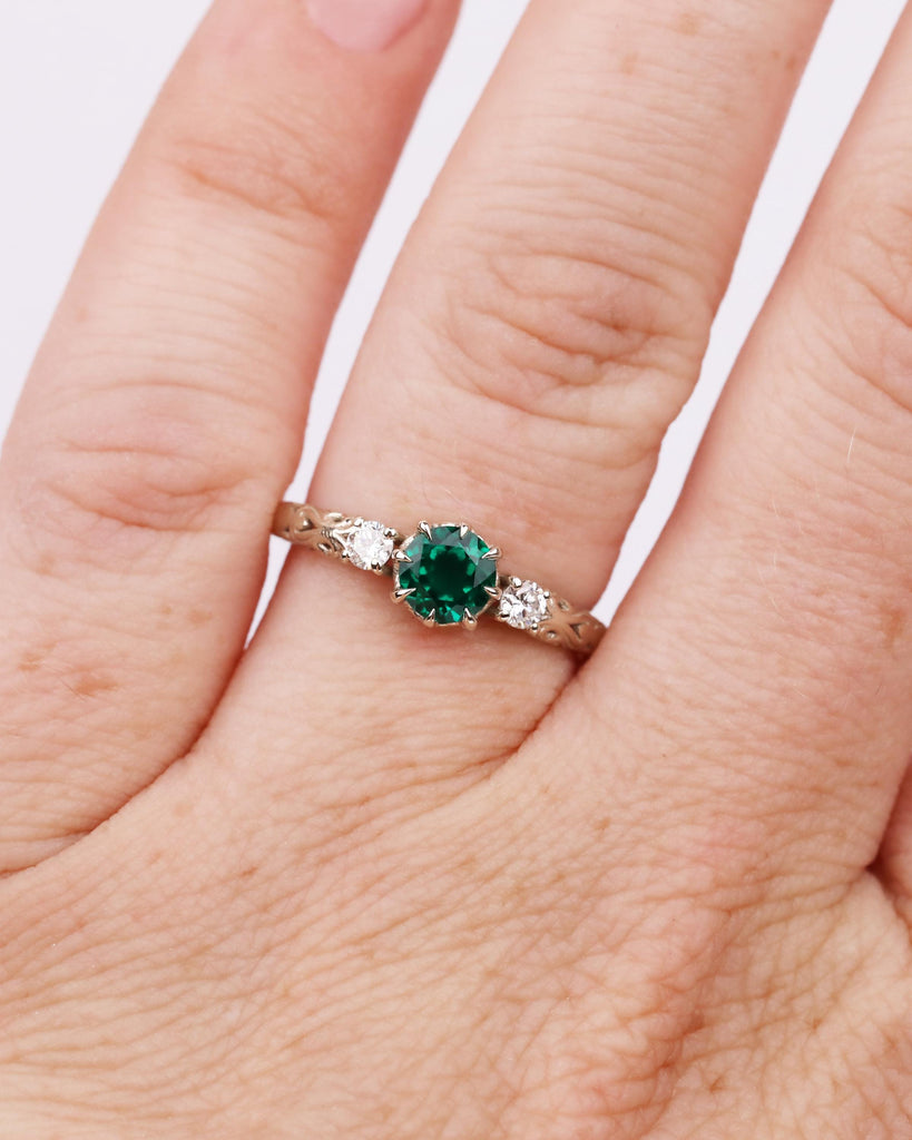 Round Cut Emerald Three Stone Ring, 14K White Gold Engagement Ring, Fantasy Inspired Engraved Floral Band, Alternative Bridal Jewelry image #4