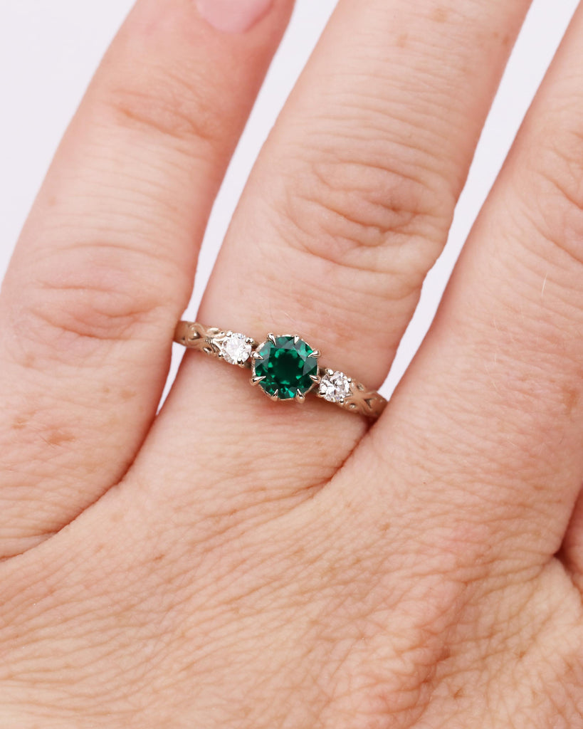 Nature Inspired Emerald Engagement Ring | 14k White Gold Emerald and Diamond Ring | Gothic Claw Prongs | Unique Custom Engraved Wedding Ring image #2