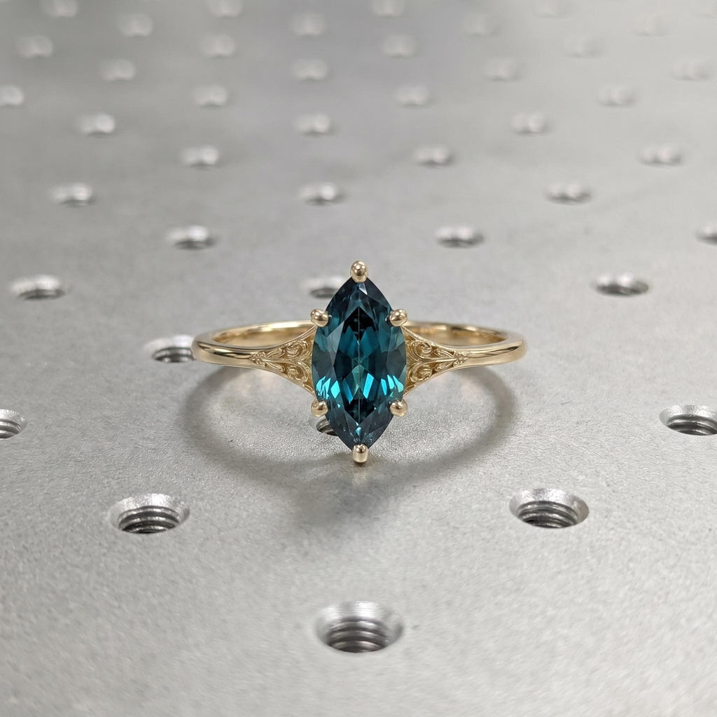 Teal Sapphire Engagement Ring | Marquise cut Solitaire Ring Vintage Jewelry | Victorian Filigree Wedding Band for Women image #3