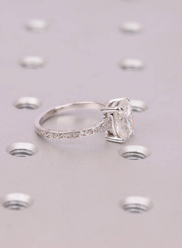 Cushion Cut 2.5ct Lab Grown Diamond Ring, Elongated Cushion Ring, 14K White Gold Vintage Nature Inspired Art Deco Handcrafted Filigree Ring image #3