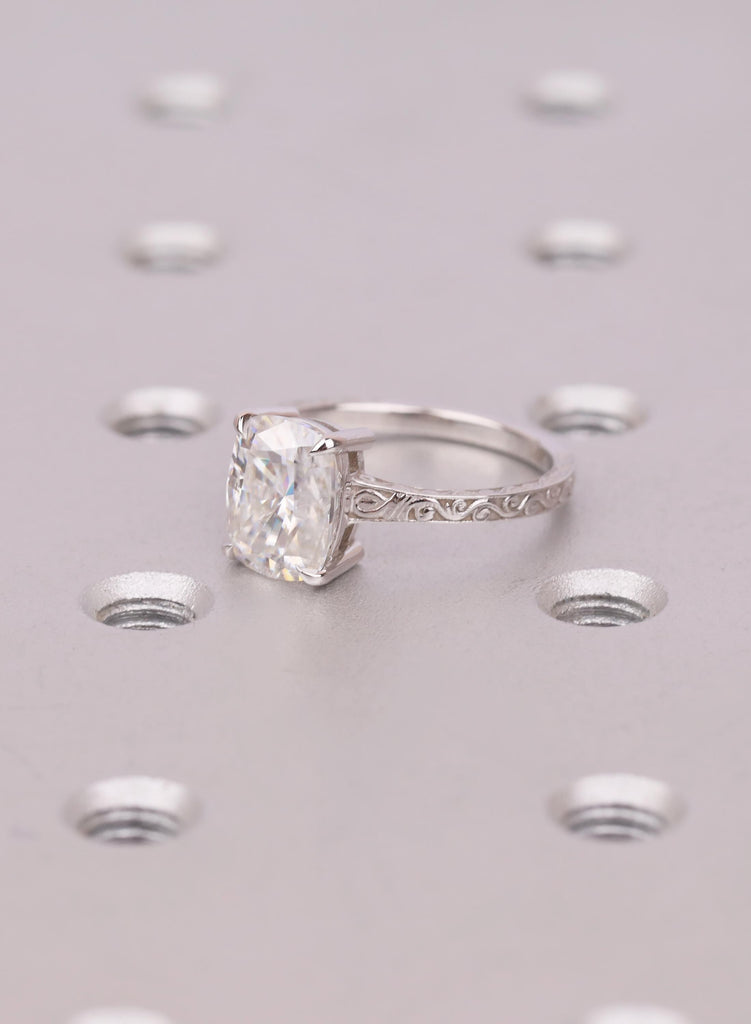 Cushion Cut 2.5ct Lab Grown Diamond Ring, Elongated Cushion Ring, 14K White Gold Vintage Nature Inspired Art Deco Handcrafted Filigree Ring image #1