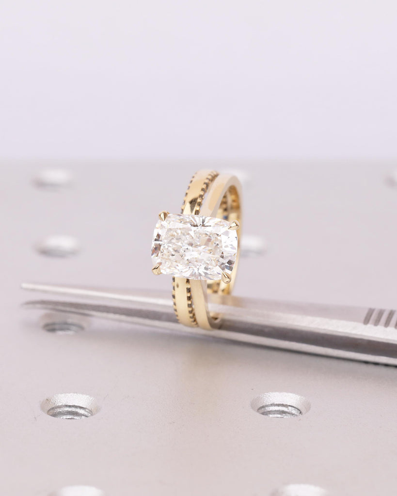 Elongated Cushion Cut Lab Grown Diamond Wedding Ring Set, Black Diamond Stacking Rings in 18k Gold image #18