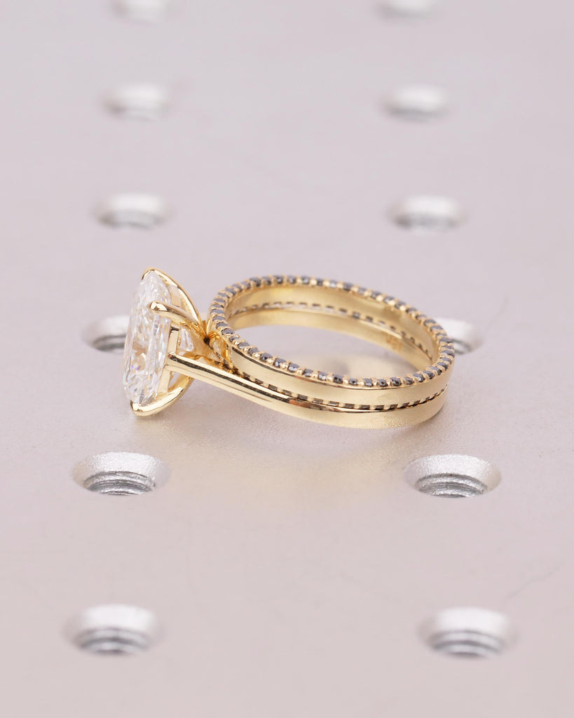 18k Yellow Gold Lab Diamond Engagement Ring Set, Unique Black Diamond Matching Ring, Bridal Jewelry, Wedding Anniversary Rings for Women image #11