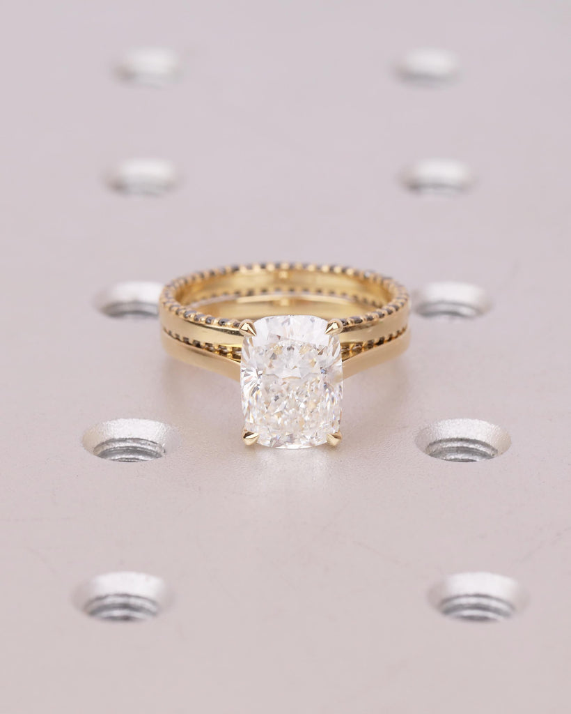Elongated Cushion Cut Lab Grown Diamond Wedding Ring Set, Black Diamond Stacking Rings in 18k Gold image #3