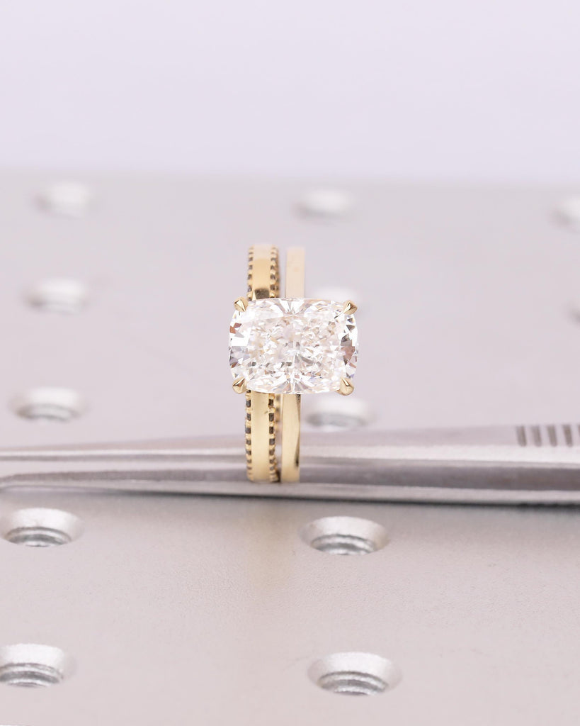 18k Yellow Gold Lab Diamond Engagement Ring Set, Unique Black Diamond Matching Ring, Bridal Jewelry, Wedding Anniversary Rings for Women image #5