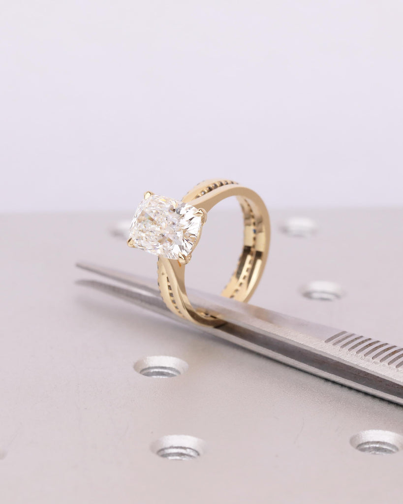 Black Diamond, Moissanite Engagement Ring Set, 18k Solid Gold Elongated Cushion Cut Ring image #12
